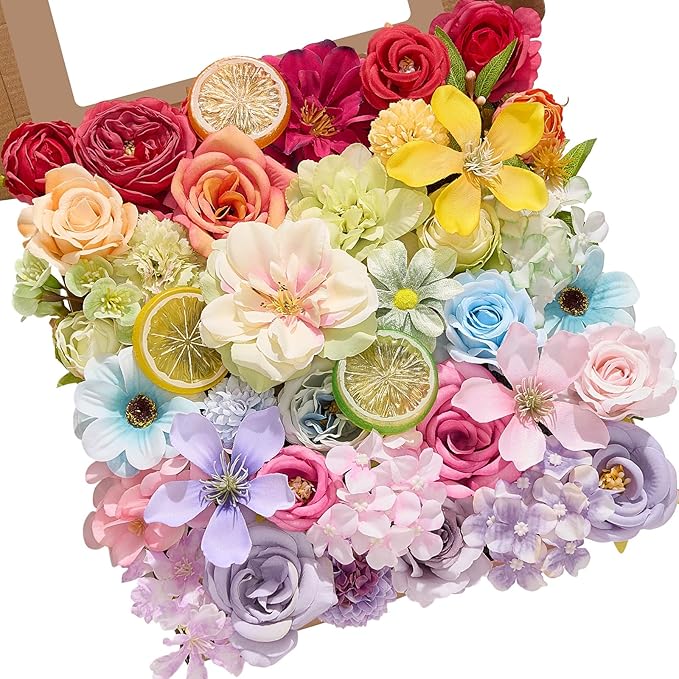 Alecono Artificial Flowers, Colorful Combo Silk Fake Flowers with Lemon Accessories for Cake Decorations, Home Table Centerpieces Birthday Party Decor