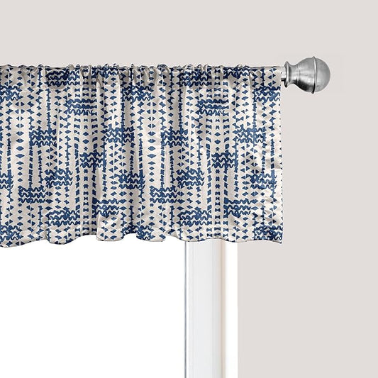 Ambesonne Ethnic Window Valance Pack of 2, Messy Waves and Small Triangles Indonesian Traditional Pattern Watercolors, Rod Pocket Curtain Valances for Kitchen Bedroom, 42" X 12", Navy Blue and Cream