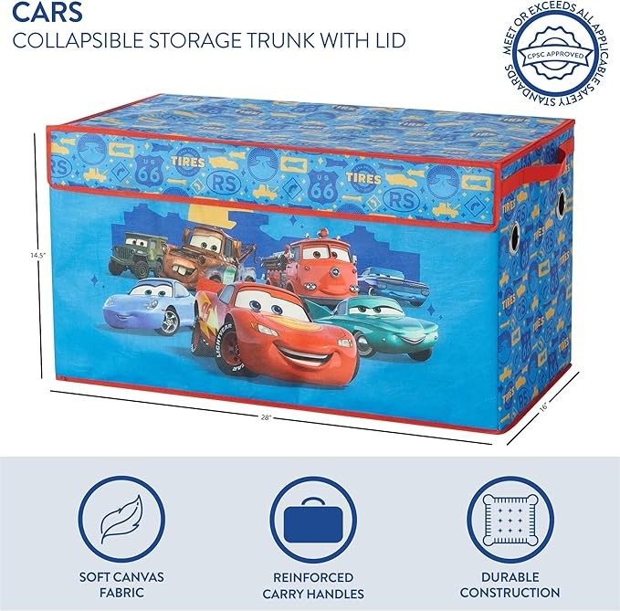 Idea Nuova Disney Pixar Cars Collapsible Storage Trunk,Durable Kids Toy Organizer with Soft Lid, Foldable Chest for Bedroom & Playroom, 28.5" x 14.5" x 16"