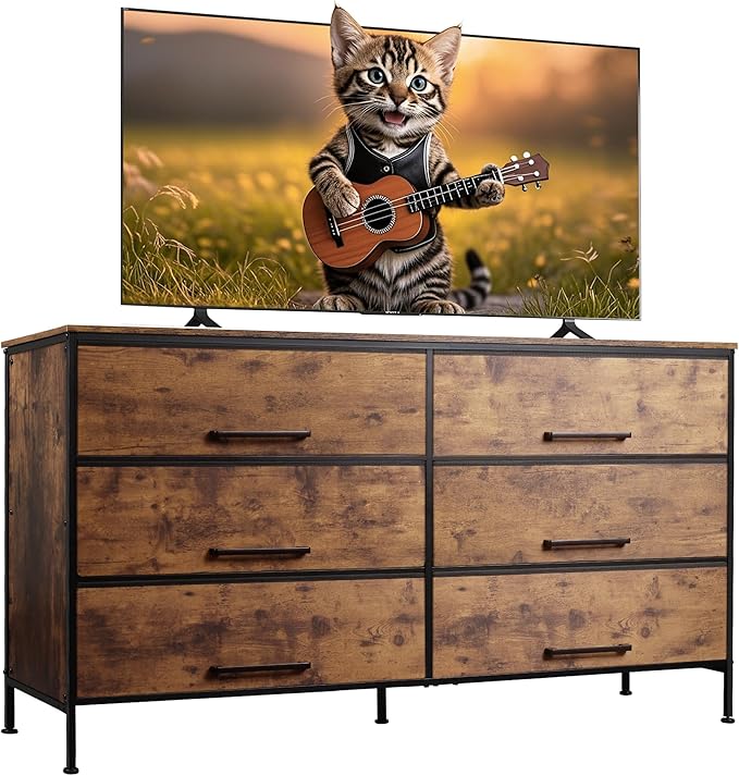 WLIVE Wide TV Stand for 60, 65, 70 inch TV, Large Entertainment Center with 6 Fabric Drawer, TV Media Console Table with Wood Top, Adjustable Feet for Living Room, Hallway, Rustic Brown