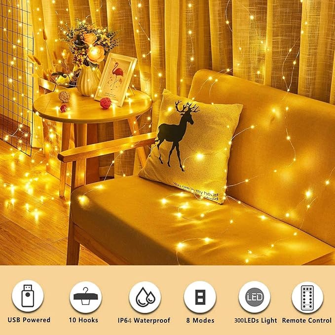 Meliven 300 LED Curtain Lights 9.8Ftx9.8Ft, 8 Modes Fairy Lights Curtain with Remote, Timer, Dimmable, USB Powerd, Warm White Backdrop Light for Wedding, Party, Home, Bedroom Decorations