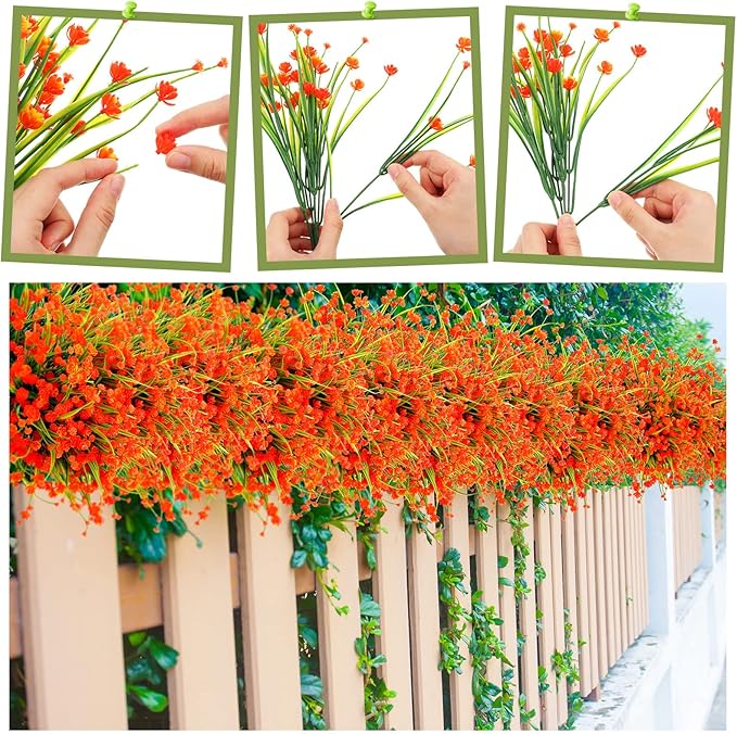 Hoteam 40 Bundles Fall Outdoor Artificial Flowers Plants UV Resistant Outside Faux Flowers Plastic Fake Plants Outdoor Summer Seasons Decoration Shrubs Garden Porch, Orange