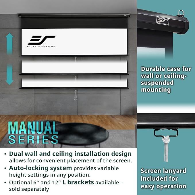 Elite Screens Manual Series, 100-INCH 16:9, Pull Down Manual Projector Screen with AUTO LOCK, Movie Home Theater 8K / 4K Ultra HD 3D Ready, 2-YEAR WARRANTY, M100UWH, 16:9, Black
