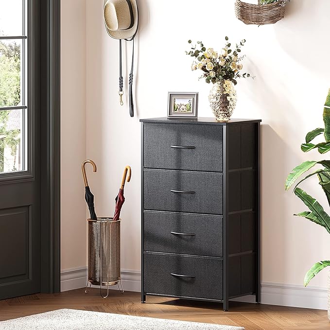 ODK Dresser for Bedroom with 4 Storage Drawers, Small Dresser Chest of Fabric Drawers with Sturdy Steel Frame, Wood Top, Black
