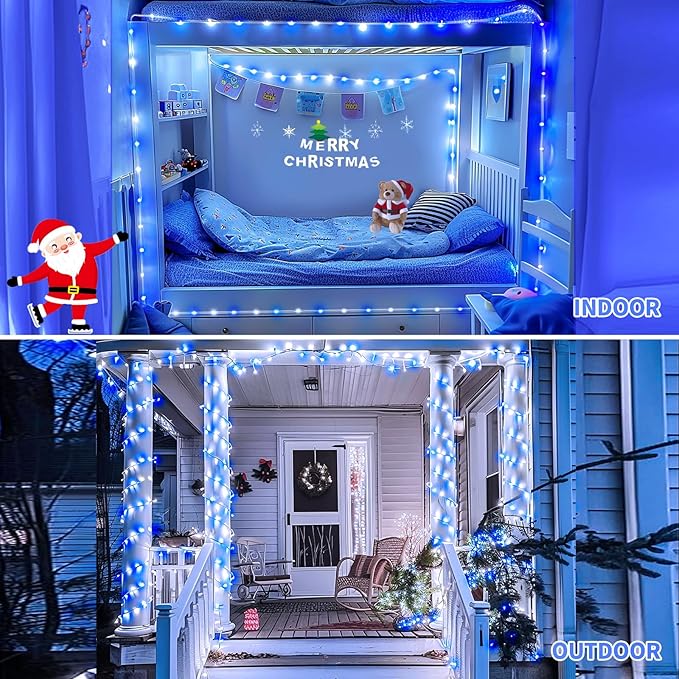 JMEXSUSS 2 Pack Rope Lights Battery Operated Christmas Lights Outdoor, Total 200LED 66ft 8 Modes Battery Powered String Lights with Remote, Blue and White String Light for Christmas Decor