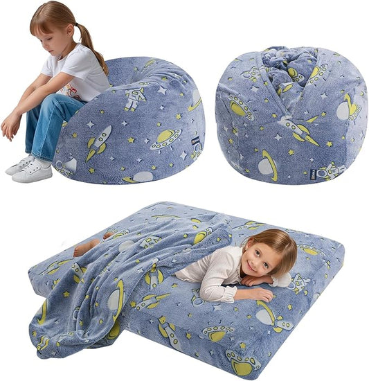 COMAX Kids Bean Bag Chair Turn into Beanbag Bed, Toddler Bean Chair for Girl Boy Sleeping, Lazy Children Bean Bags with Filler, Convertible Child Floor Mattress, Blue Universe