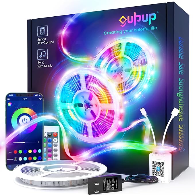 GUPUP 50 FT LED Strip Lights,Bluetooth LED Lighting for Bedroom, Color Changing Light Strip with Music Sync, Phone Controller and IR Remote(APP+Remote +Mic)