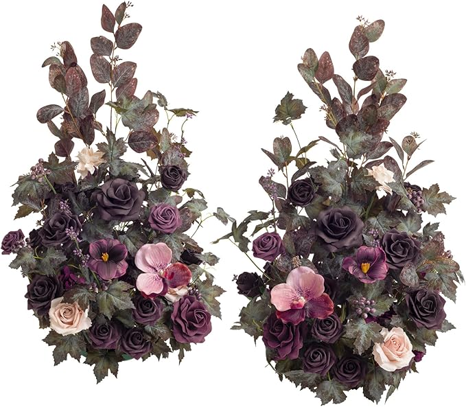 Ling's moment 41" Tall Fall Free Standing Artificial Flowers Arrangements 2pcs Wedding Aisle Runner Chair Decoration Fake deep Plum for Arch Entryway Ceremony Reception Church Rose Floral Party