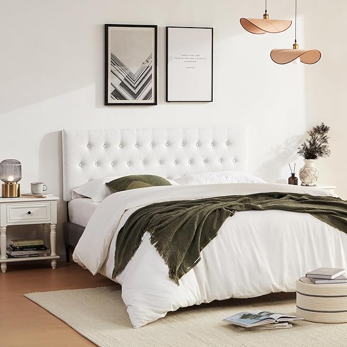 Tufted Upholstered Headboard Twin Size, Solid Wood Head Board with Durable Metal Legs, Adjustable Height Twin XL headboard from 37” to 51” Fabric Headboard in Modern Button Design, White