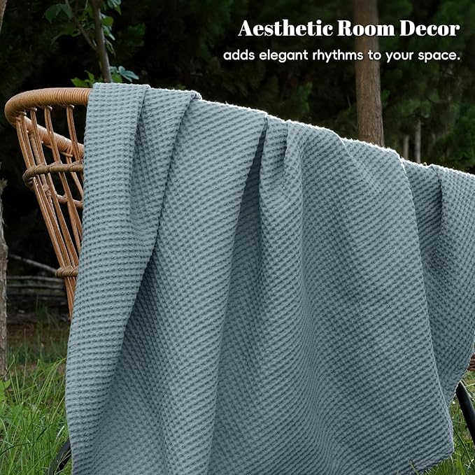 PHF 100% Cotton Waffle Weave Blanket Twin Size for Bed,Snag Proof Lightweight Breathable Moisture-Wicking Throw for Couch,Great for Layering in Cold Weather,Machine Washable,Home Decor Gift-Ocean