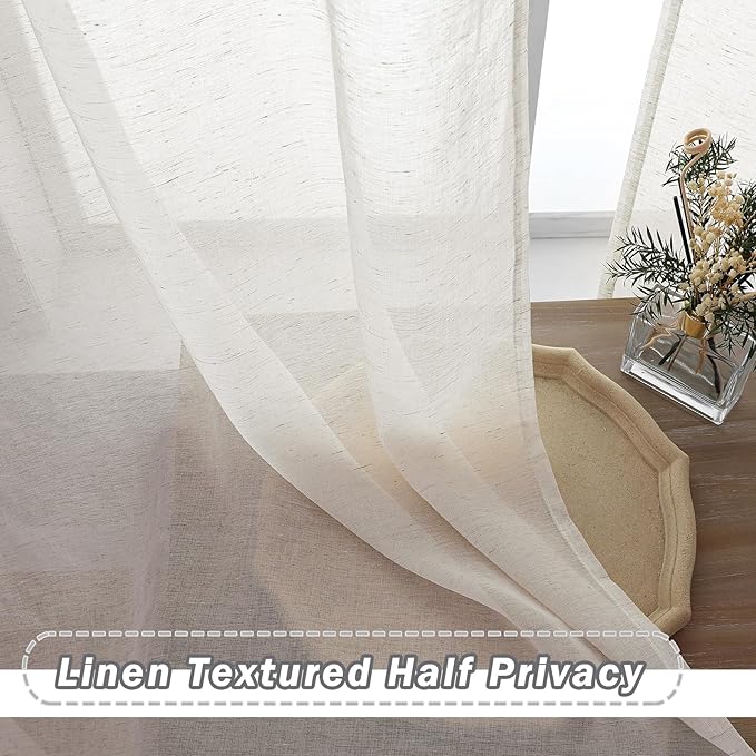 OWENIE Natural Linen Blend Sheer Curtains 72 inches Long 2 Panels Set for Bedroom, Light Filtering Farmhoues Door Curtain for Living Room Drapes, Each 40 W x 72 L