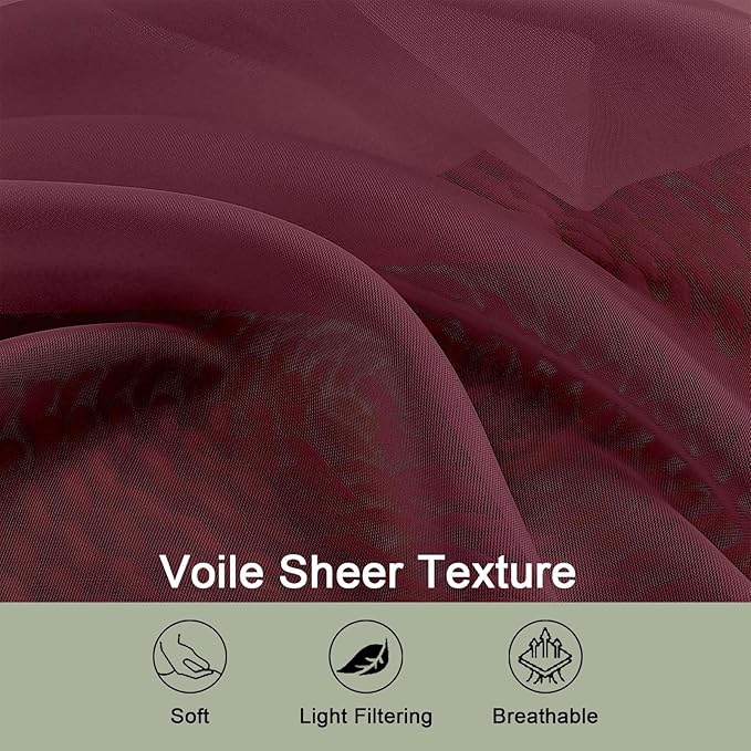 OWENIE Burgundy Sheer Curtains 120 Inches Long 2 Panels Set, Airy Lightweight Sheer Burgundy Curtains for Living Room Bedroom, Farmhouse Filmy Rod Pocket Drapes, 2 Pcs, Each 59" Wx120 L Inch