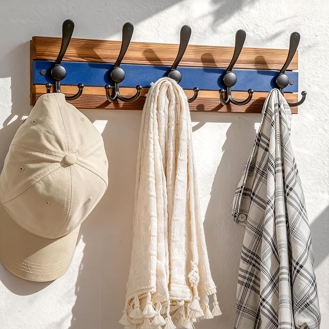 SKOLOO Rustic Wall Mounted Coat Rack - 17" Long Coat Hooks for Wall with 5 Triple Hooks for Hanging Coats, Hats or Tools, Western National Parks Collection, Wood Brown & Blue, Pack of 2