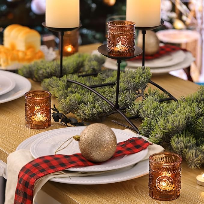 DEVI 48 Pcs Amber Votive Candle Holders Bulk, Boho Fall Wedding Party Decorations, Glass Tea Lights Candle Holder, Christmas Thanksgiving Party Home Table Decor