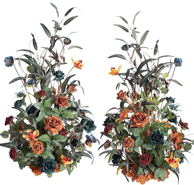Ling's Moment 41" Tall Fall Free Standing Artificial Flowers Arrangements 2 pcs Wedding Arch Altar Stage Decorations Teal Burnt Orange For Ceremony Reception Church Backdrop Outdoor Aisle Floral Party