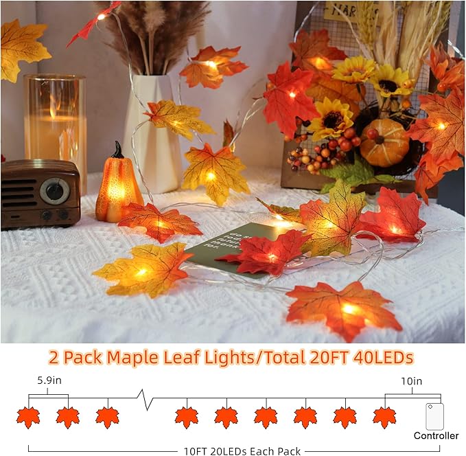 2 Pack Thanksgiving Decorations Maple Leaf Pumpkin Lights, Total 20Ft 40 LED Battery Operated 3D Pumpkin Fall Leaves Garland String Lights for Home Mantel Table Porch Door Indoor Outdoor Fall Decor