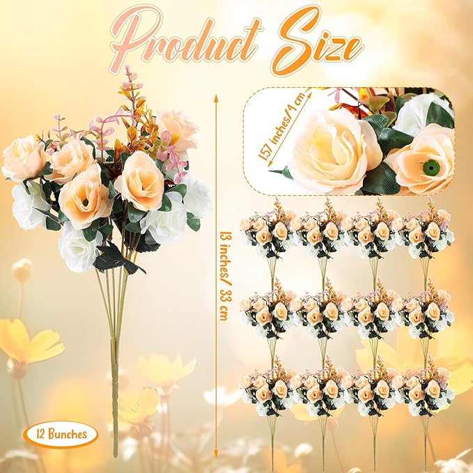 Hotop 12 Bunches of Artificial Flowers Centerpiece 13 Inches Silk Faux Roses Bouquets for Table Decoration Realistic Bouquet Arrangement Boho Faux Flowers for Wedding (Champagne)