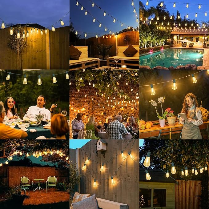 Brightever LED Outdoor String Lights 100FT with 52 Shatterproof ST38 Vintage Edison Bulbs, Outside Hanging Lights Waterproof for Patio, Porch, Deck, Garden, Backyard, Balcony, Green Wire