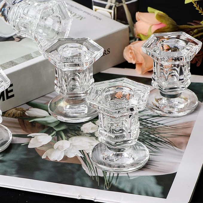 Candlestick Holders Bulk, 12 Pcs Glass Candle Holders Set Clear, Crystal Taper Candle Holder for Wedding, Table Centerpiece, Home Decoration