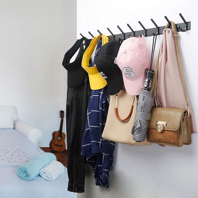 WEBI Coat Rack Wall Mounted,8 Hooks for Hanging Coats,Hook Rack Hook Rail Coat Hanger Wall Mount for Backpack,Clothes,Jacket,Black,2 Packs
