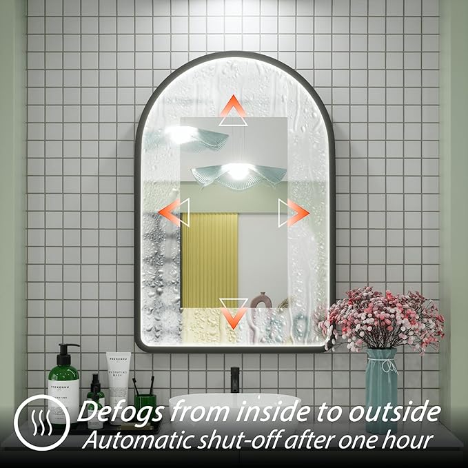 24x36 Inch Arched LED Mirror for Bathroom with Lights, Adjustable 3000K/4500K/6000K, Wall Mounted Black Frame Lighted Bathroom Vanity Mirror, Anti-Fog, Dimmable, Memory Function