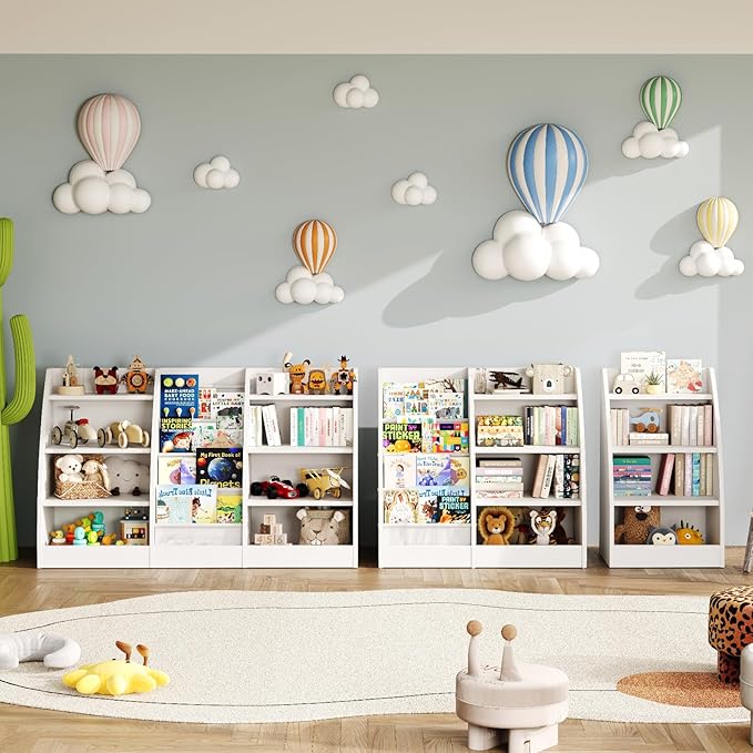4 Tier Kids Bookshelf Set of 2, 4 Layer Sling Kids Book Shelf for Kids Rooms, XL Wood Children Bookcase,Baby Storage Book Rack,Toddler Bookshelf, Book and Toy Organizer,Book Display Shelf for Nursery