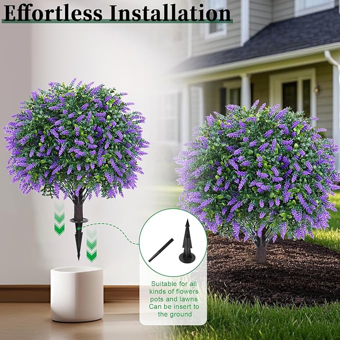 Artificial Lavender Topiary Ball Trees,2 Set of 16'' UV Resistant Fake Evergreen Shrubs Bushes Plants with Ground Spike, Fake Plants for Outdoor Indoor Front Porch Garden