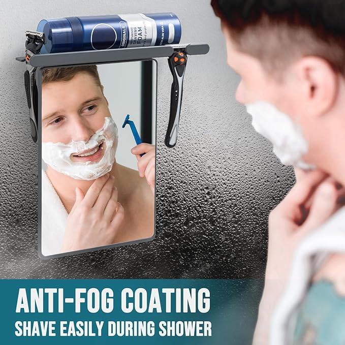 TAILI Shower Mirror Fogless for Shaving with Razor Holder, Anti-Fog with Powerful Suction for Bathroom,Makeup Shave Mirror Wall Mounted for Men & Women, Shatterproof & Removable,Grey