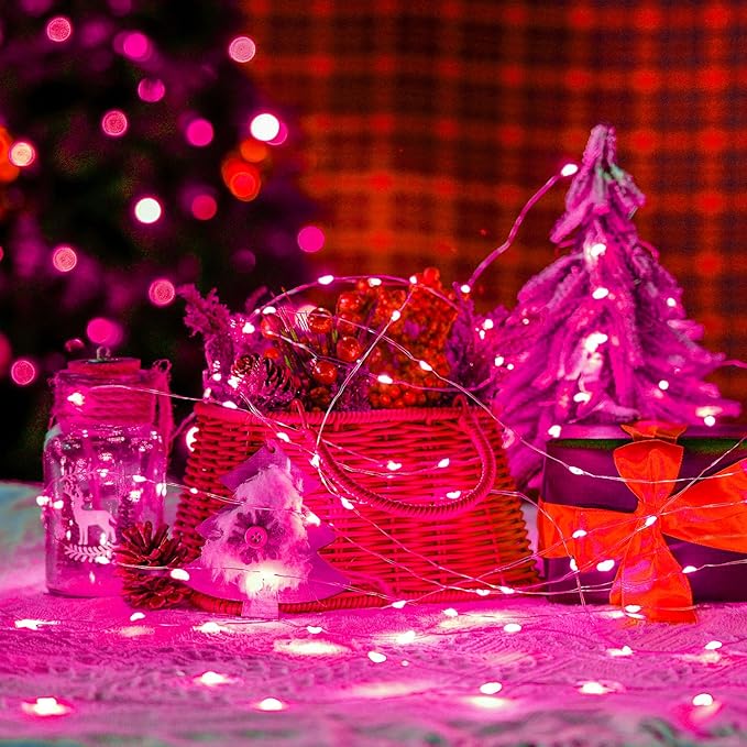 JMEXSUSS 4 Pack 50 LED Pink Fairy Lights Battery Operated, 16.1ft Christmas Fairy Lights Indoor Outdoor Waterproof, Pink String Lights for Bedroom Wedding Birthday Valentine Christmas Decorations