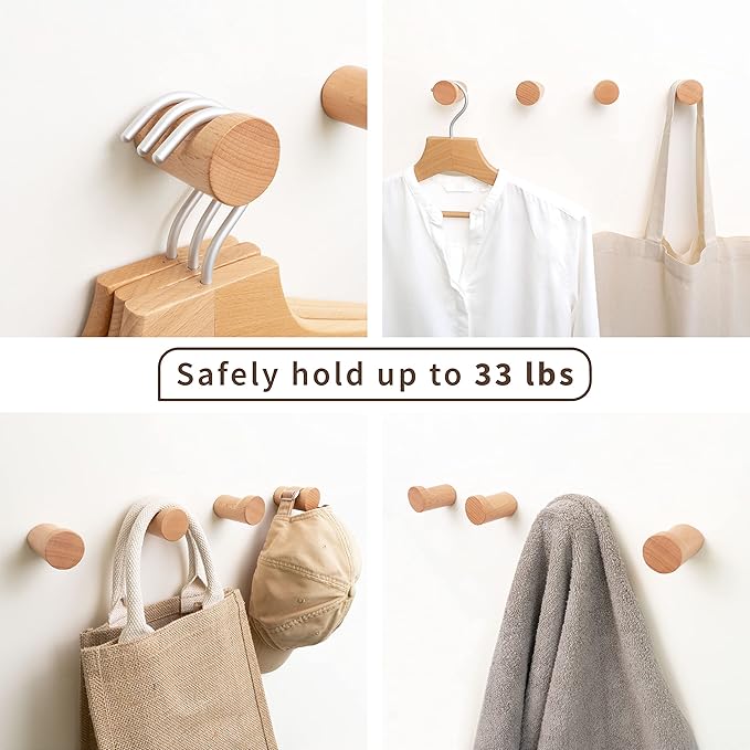 Natural Wooden Wall Hooks - Pack of 4 - Wall Mounted Hook - Modern Wood Coat Rack - Decorative Wooden Pegs for Hanging Hat, Towel, or Purse (Beech Wood)