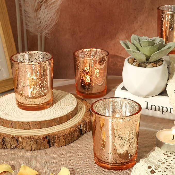 24 Pcs Rose Gold Votive Candle Holders, Speckled Mercury Rose Gold Glass Candle Holder Bulk for Wedding Centerpiece Table Decor, Tea Lights Candle Holder for Valentines Day Decor, Home Decor