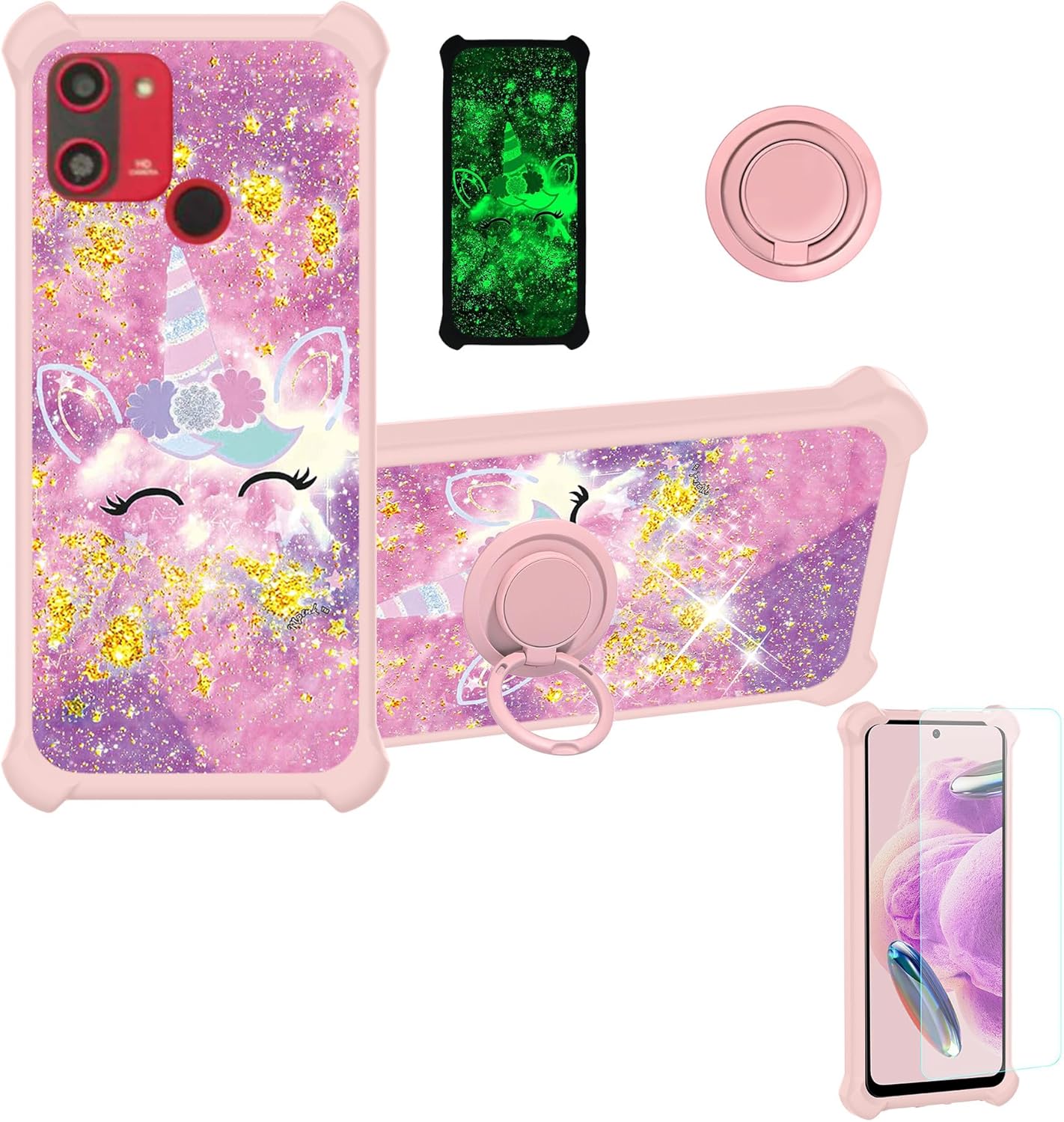 jioeuinly Gold Glitter+Luminous Case for Vortex HD65, Compatible with Tempered Glass Screen Protector, Ring Support
