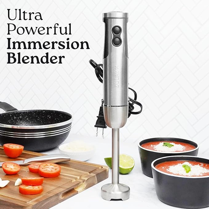 Zulay 4-in-1 Immersion Stick Mixer Hand Blender - 800 Watts, 12 Speeds, 5-ft Power Electric Cord, Handheld Portable, Stainless Steel Blades - With Whisk, Frother & Stick Blender Attachments - Gray