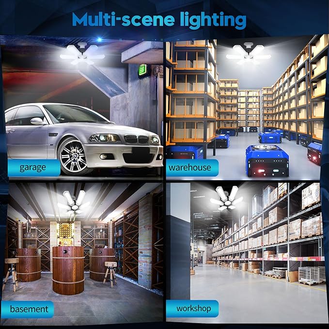 TANBABY Upgrade LED Garage Light, 150W Deformable Ceiling LED Shop Light, 15000LM E26/E27 Garage Lighting with 6+1 Adjustable Panels Bulb for Basement (150W White-Plastic 1 Pack)