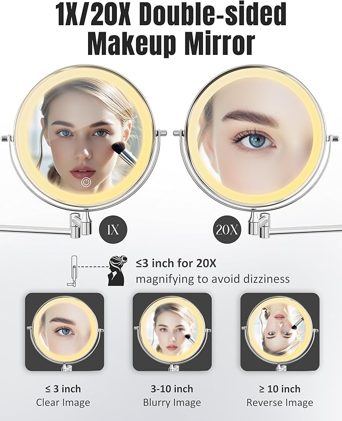 Wall Mounted Makeup Mirror with Light, 20X/1X 8'' Double Sided LED Magnifying Bathroom Lighted Vanity Mirror with Magnification, 3 Color Light up Touch Dimmable Extended Arm 360 Rotation