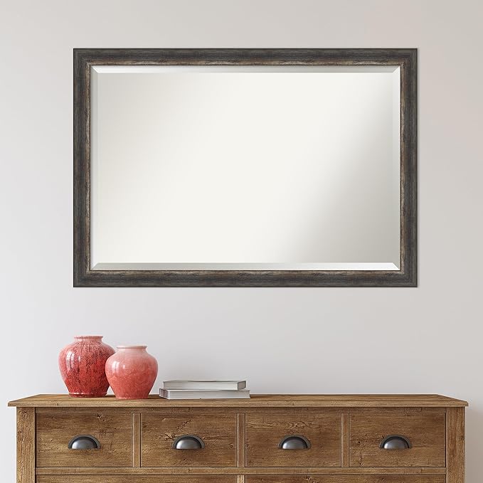 Amanti Art Brown Bathroom Mirror for Over Sink, 27x39 Bark Rustic Char Narrow Rectangle Vanity Mirror, Large Country Rustic Frame, Hangs Horizonally and Vertically, Bathroom Wall Decor, Beveled Edge