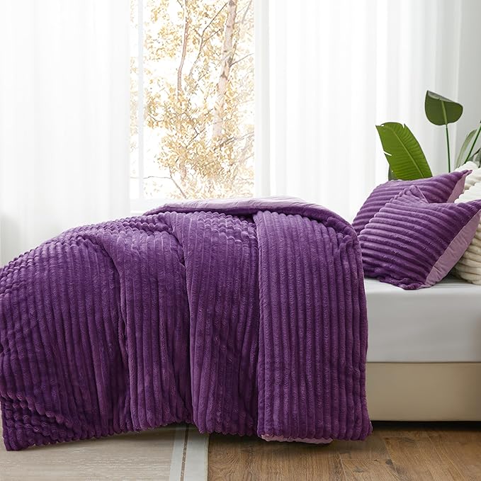 BEDELITE Fleece King Comforter Set -Super Soft & Warm Fluffy Purple Bedding, Luxury Fuzzy Heavy Bed Set for Winter with 2 Pillow Cases