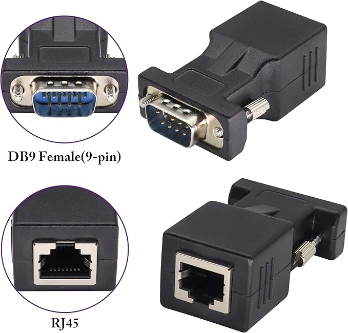AOTOKK RJ45 to DB9 RS232 Adapter 9-Pin Serial Port RS232 Male to RJ45 Female CAT5 CAT6 Ethernet LAN Extend Converter, Network to DB9 Serial Port Coupler Extender Adapter (2 Pack-Male)