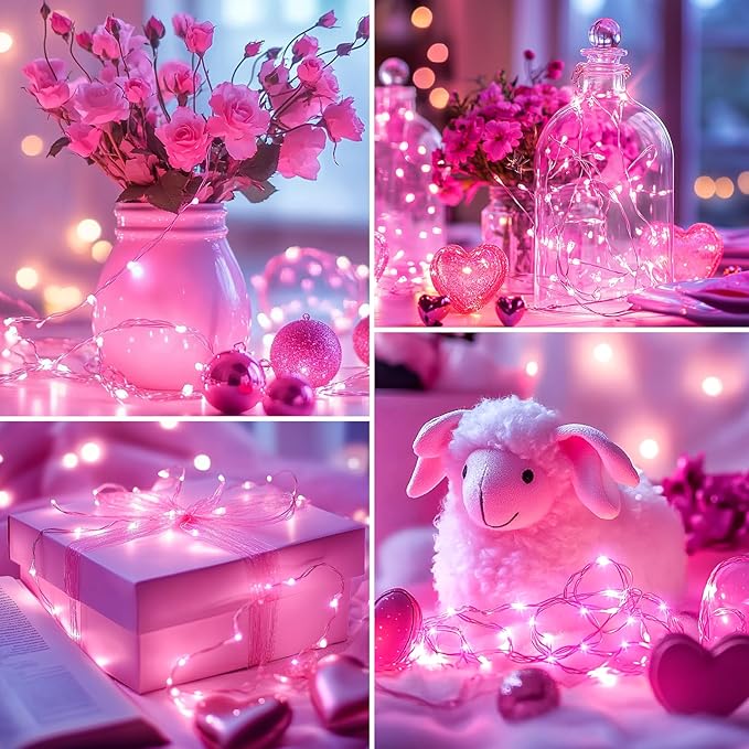 Minetom Fairy Lights Battery Operated, 5 Pack 7 FT 20 LED Fairy Lights with Timer, String Lights Battery Powered, Silver Wire Christmas Light for Bedroom Party Wedding Decorations, Pink