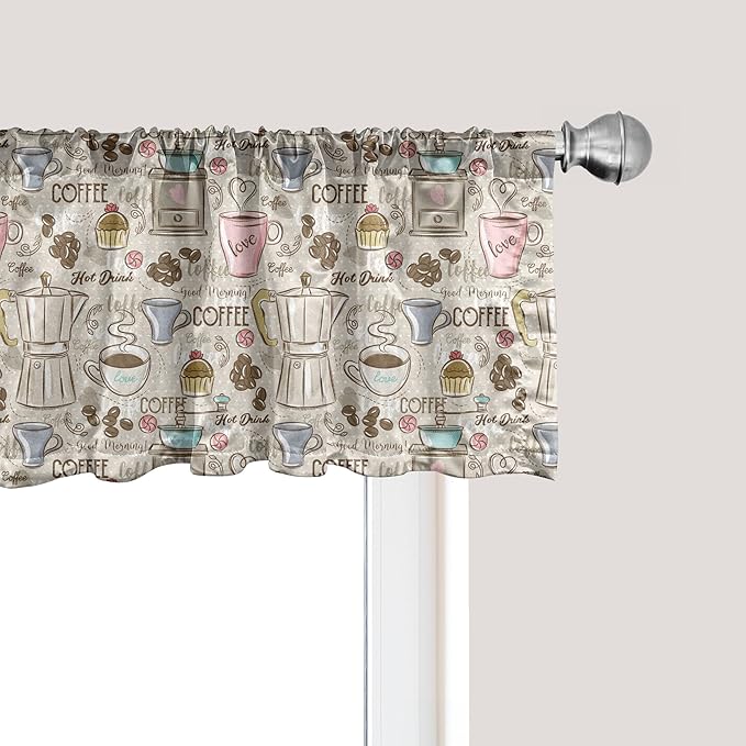Ambesonne Modern Window Valance Pack of 2, Coffee Time Vintage Espresso Machine Cupcakes Beans Design, Rod Pocket Curtain Valances for Kitchen Bedroom, 54" X 12", Pale Pink Beige
