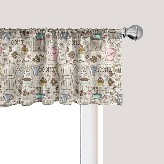 Ambesonne Modern Window Valance Pack of 2, Coffee Time Vintage Espresso Machine Cupcakes Beans Design, Rod Pocket Curtain Valances for Kitchen Bedroom, 42" X 18", Pale Pink Beige