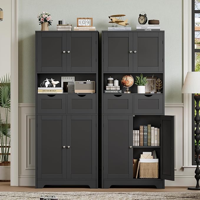 Iwell 57.8" H Tall Storage Cabinet with 2 Drawers & 2 Adjustable Shelves, Kitchen Cabinet with 4 Doors, Tall Cabinet for Living Room, Dining Room, Entryway, Black