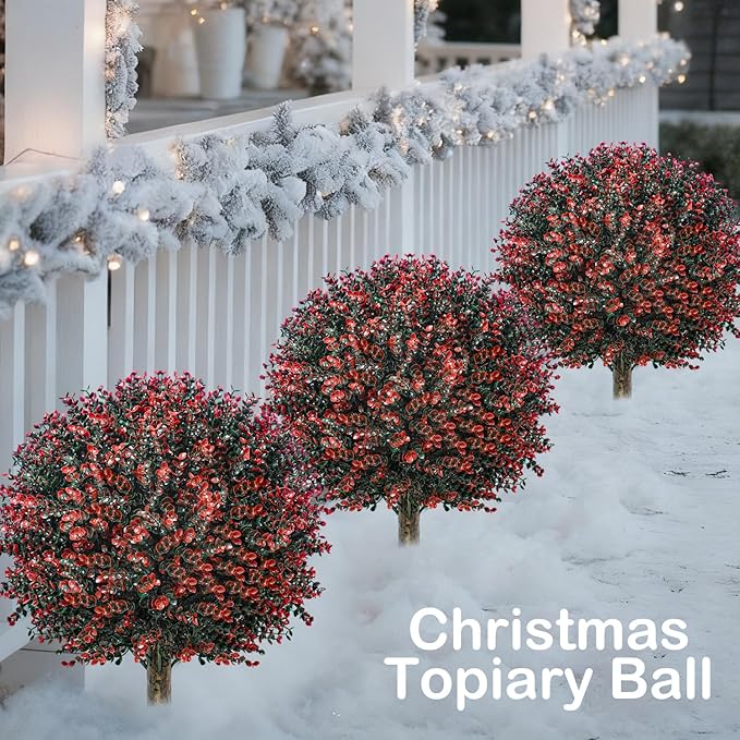 2 Pack Xmas Artificial Boxwood Topiary Ball Tree with Spike Christmas Yard Decoration, 24" Outdoor Faux Shrub Bushes Topiaries Plant, UV Resistant Fake Boxwood Plants for Porch Potted Planter Pathway