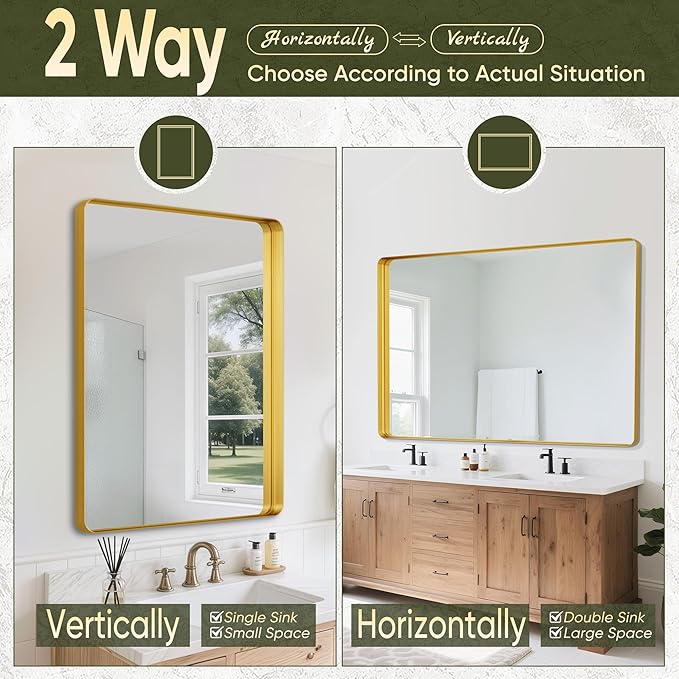 Suidia Bathroom Mirror, 36" x 55" Wall Mirror Metal Framed, Bathroom Vanity Mirror for Living Room Bedroom Bathroom Entryway, Gold, Rounded Corner Style