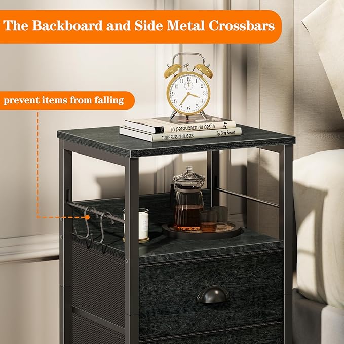 Furologee Nightstands Set 2, Night Stand with 2 Fabric Drawers, Bedside Tables with Open Shelf, Wooden Top, Hooks, Backboard Design, Metal Frame, End Tables for Bedroom/Living Room/Study/Black Oak