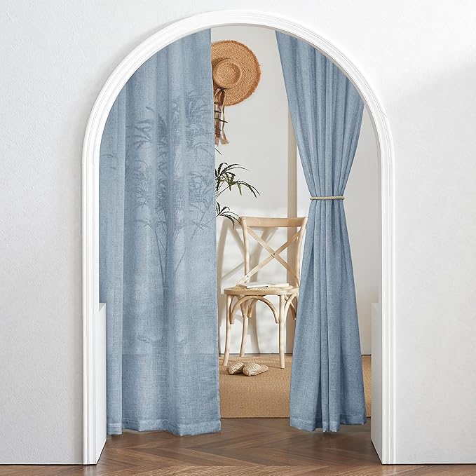 RYB HOME Flax Linen Blend Curtains for Closet Kitchen, Semi Translucent Privacy Protection Light Filtering Decorative Short Small Window Drapes for Bedroom, W 52 x L 36 inches, Dusty Blue, 2 Panels