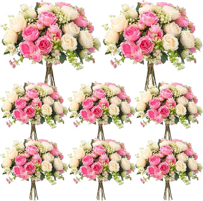 Geosar 8 Bundles Artificial Peonies Flowers Fake Silk Peony Bouquet Faux Peonies Flowers Bulk for Decoration Vase Floral Arrangements Wedding Party Table (Pink,Champagne)