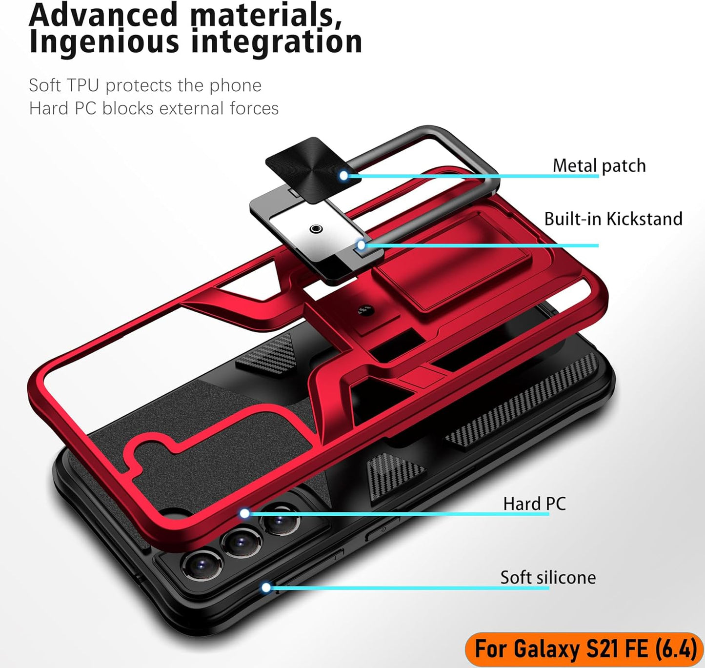 LMDAMZ Galaxy S21 FE 5G Case, Anti-fall Heavy Duty Military Grade Shockproof Kickstand, 6.4 Inch-Red