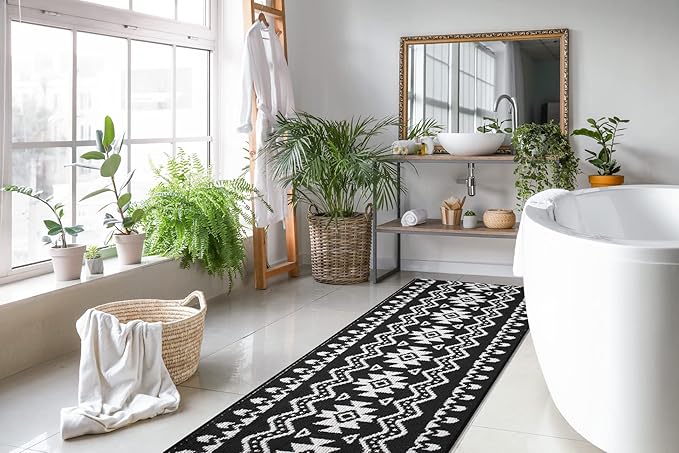 Custom Length Cut to Size Tribal Ethnic Southwestern Inspired Hallway Runner Rug, Non Slip Rubber Backed, 31 inch Wide X Customized Length, Aztec Black, 31 inch X 30 feet