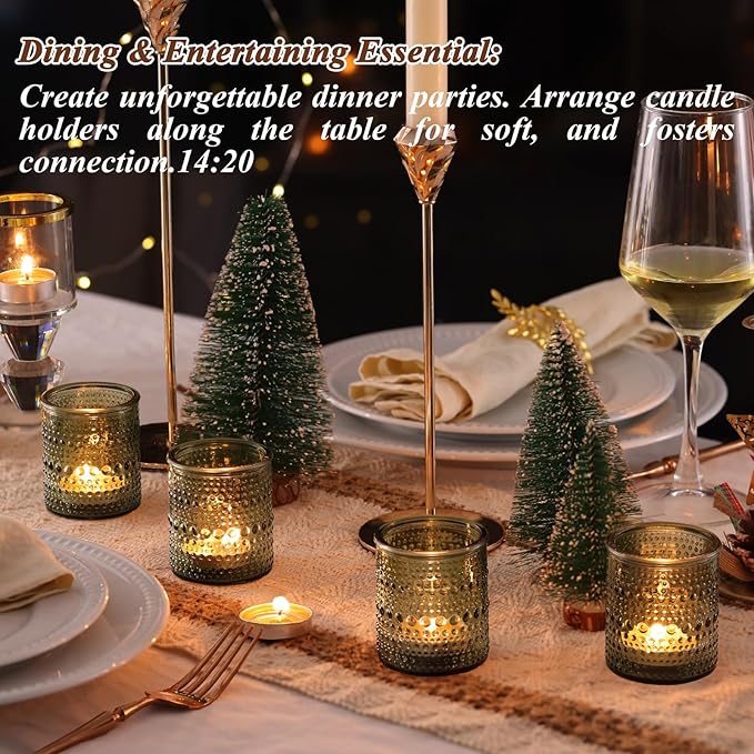 15Pcs Glass Votive Candle Holders, Green Tea Light Candle Holder Vintage Tealight Candle Holder Bulk for Wedding Christmas Party Table Decor (Green)